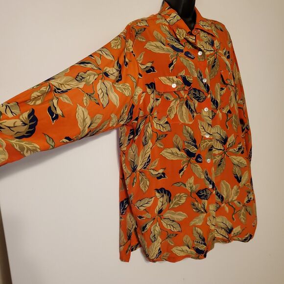Vintage Jones Studio 100% Silk Tunic Blouse Art To Wear Floral Orange Mod SZL/XL - Picture 3 of 10